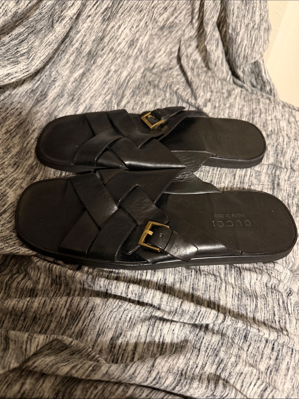 Gucci Black Leather Woven Slide Sandals with Gold Buckles - Picture 2 of 9